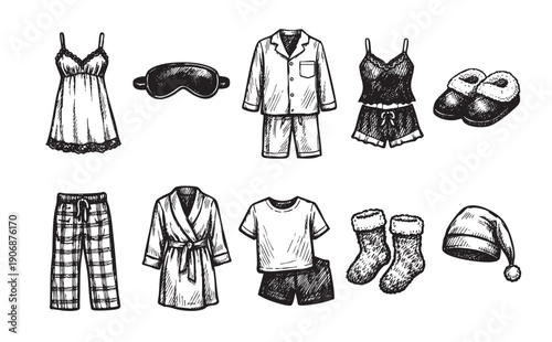Black and white illustration of sleepwear and accessories. Includes pajamas, nightgown, robe, hot water bottle, and eye mask. Good for relaxation, bedtime, and comfort concepts.