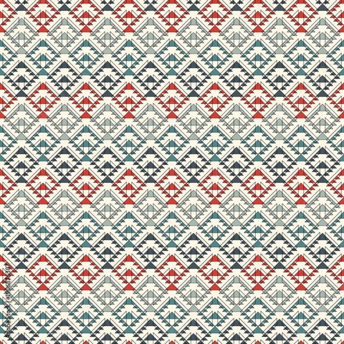 Ethnic, tribal seamless pattern. Native americans embroidery textile stylized surface print. Boho chic ornament. Repeated triangles geometric background. Colorful mosaic wallpaper. Vector abstract