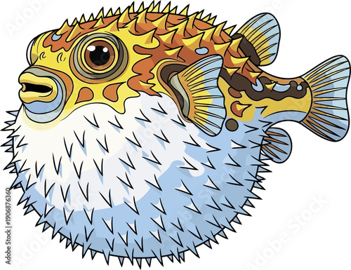 Inflated spiky pufferfish defensive illustration
