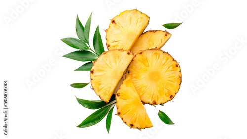 Whole pineapple with slices on transparent background.