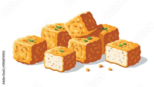 Crispy golden fried tofu cubes with fresh herb garnish. Versatile plant-based protein snack. Ideal for culinary creations and healthy diets.