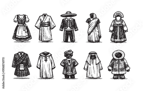 A black and white sketch illustration showing different traditional clothes from around the world. Great for depicting cultures, diversity, or historical clothing.