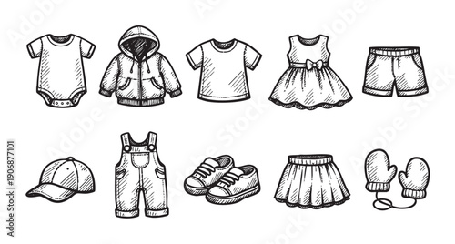 Hand-drawn sketch illustration of various baby and toddler clothes, isolated on white background. Suitable for designs, illustrations, patterns for baby products, apparel design, marketing materials.