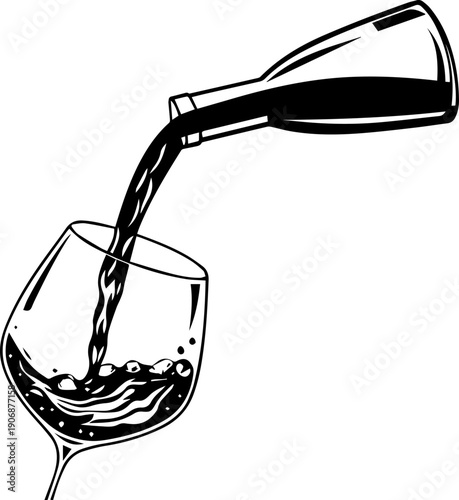 Wine pouring from bottle into glass vector illustration black and white graphic