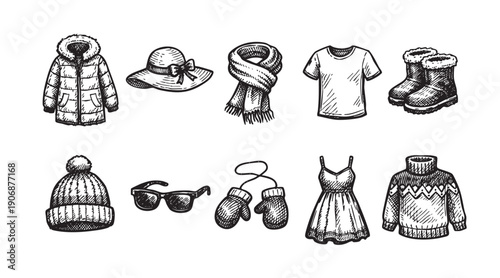 Hand-drawn sketch of various clothing items including winter jackets, scarves, summer dresses, and accessories. Suitable for fashion blogs, clothing advertisements, or design projects.