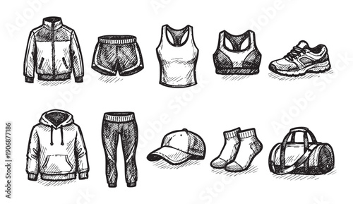 Hand-drawn sketch collection of gym clothes and accessories: jacket, shorts, tank top, sports bra, running shoes, hoodie, leggings, baseball cap, socks and duffel bag.