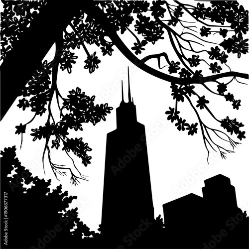 Skyscraper Silhouette Framed by Tree Branches Against a White Background Vector Illustration