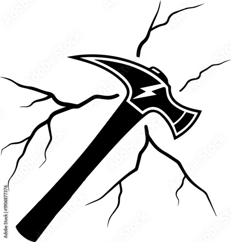 Firefighters Axe with Lightning Bolt Striking and Cracking Wall Monochrome Vector Graphic Resource