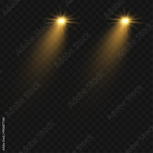 Car lights effect on transparent backdrop. Isolated yellow headlights. Realistic automobile flares. Bright car beams concept. Rays on road. Vector illustration