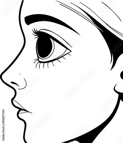Black and white side view close-up of a womans face graphic vector illustration focusing on eye and profile
