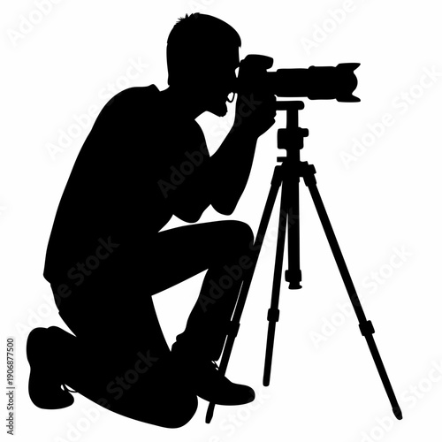 Kneeling Photographer Silhouette with DSLR Camera on Tripod Vector Illustration