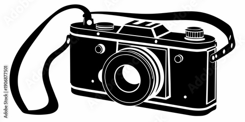 Retro Vintage Film Camera with Neck Strap Silhouette Vector Illustration
