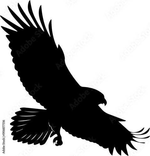 Black vector silhouette of an eagle or raptor bird in flight with spread wings, majestic predator animal logo design element
