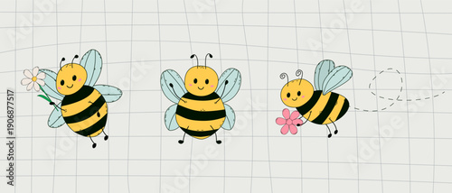 Set of cute cartoon honey bees with flowers. Friendly bumblebee characters flying on grid background.Cute bees set with smiling honey bee in different poses. Adorable insects for spring and summer
