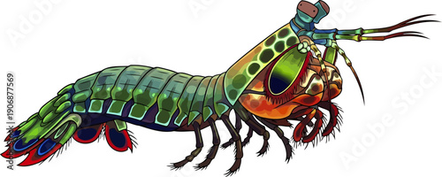 Side profile of a vibrant green mantis shrimp