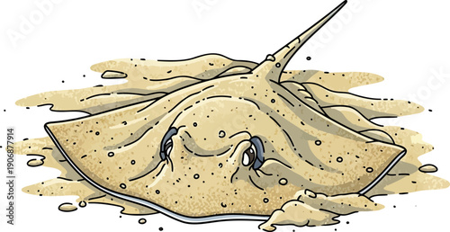 Stingray camouflaged and partially buried in ocean sand