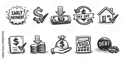 Hand-drawn doodle icons representing financial concepts. Includes symbols for early payment, debt, payoff, and home loan payments. Perfect for illustrating finance articles and educational materials.