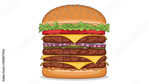 Towering burger cartoon. Patties, cheese, lettuce, tomato, onions, pickles, sesame bun. Visual fast food joy. Appealing graphic ready for any