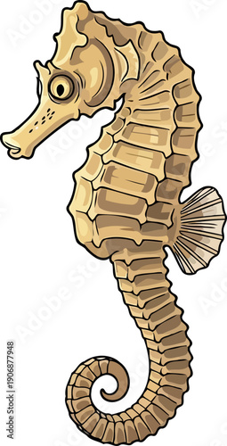Tan seahorse with curled tail and detailed bony plates