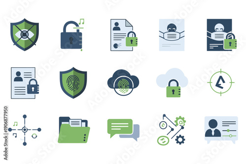 Modern security and data protection icons set featuring shields locks fingerprints and encrypted documents isolated design