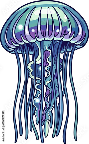 Teal and purple jellyfish swimming vertically illustration
