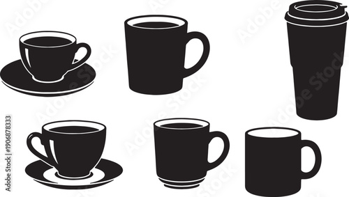 Fotografia Black Solid Coffee Cup Styles Demitasse Silhouettes Set of Six on White Backgrou