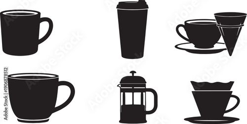 Black Solid Coffee Cup with Coffee Filters Silhouettes Set of Six on White Background