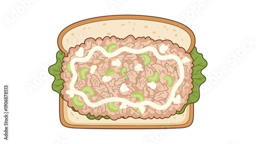 A vibrant cartoon depicting a fresh tuna salad sandwich with lettuce, celery, and creamy dressing on toasted bread