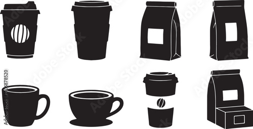 Black Solid Coffee Cup with Coffee Packaging Silhouettes Set of Six on White Background