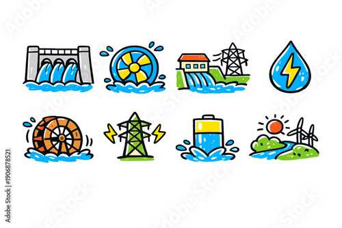 Collection of hand-drawn icons representing renewable energy sources and power generation
