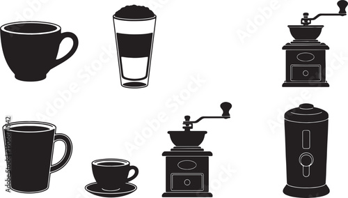 Black Solid Coffee Cup with Coffee Grinders Silhouettes Set of Six on White Background