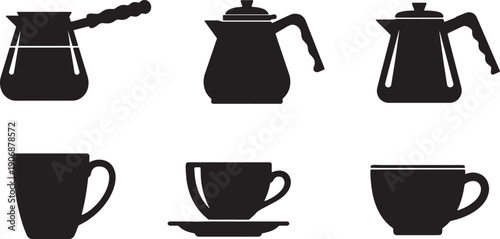 Black Solid Coffee Cup with Coffee Pots Silhouettes Set of Six on White Background