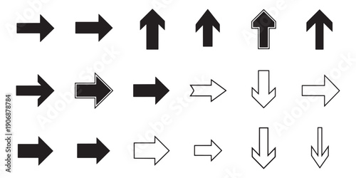 Vector set of black directional arrow icons, collection of navigation pointers and solid next button symbols for web UI and mobile app design.
