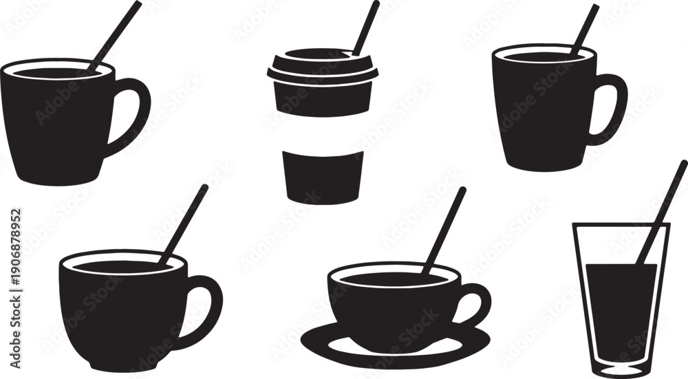 Obraz premium Black Solid Coffee Cup with Stirring Sticks Silhouettes Set of Six on White Background