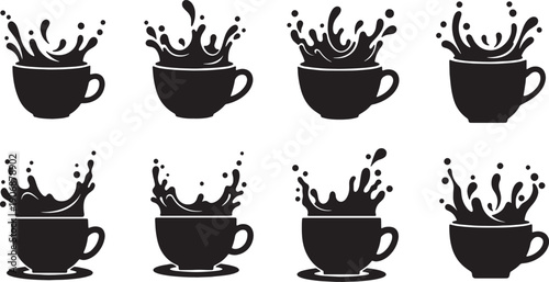 Black Solid Coffee Cup with Coffee Splashes Silhouettes Set of Six on White Background