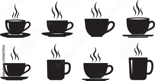 Black Solid Coffee Cup Steam Patterns Silhouettes Set of Six on White Background