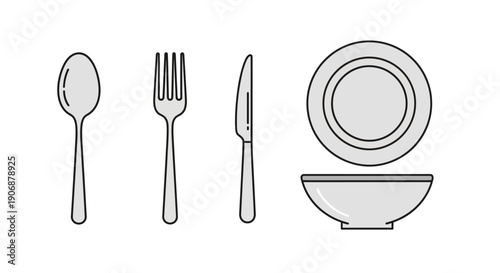 Simple black and white illustration of dinnerware and cutlery.