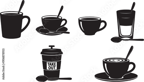 Black Solid Coffee Cup with Spoons Silhouettes Set of Six on White Background
