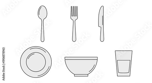 Simple line illustration of tableware and cutlery set.