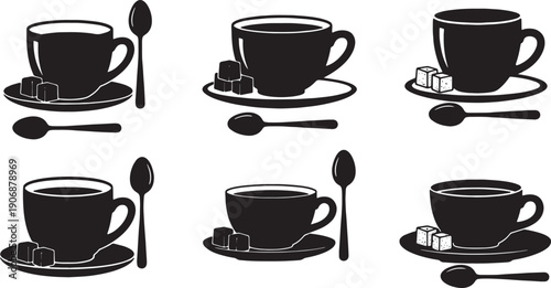 Black Solid Coffee Cup with Sugar Cubes and Spoons Silhouettes Set of Six on White Background