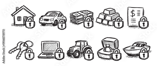 Hand-drawn style illustration depicting different assets like property, vehicle, and money, secured by padlocks. Use for financial security, investments or insurance concept.