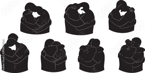 Black Solid Comforting Sad Embrace Couples Set of Six on White Background
