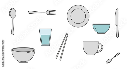 Assorted tableware and cutlery set illustration.