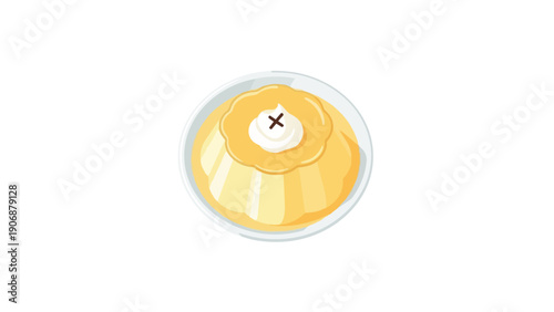 A visually appealing golden custard dessert, served in a white bowl, adorned with fresh whipped cream and a chocolate design, promising delightful