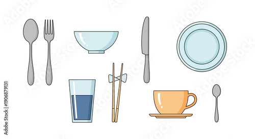 Assorted tableware and cutlery set on a white background.
