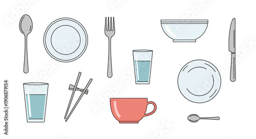 Assorted tableware and cutlery set illustration.