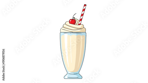Delicious classic vanilla milkshake illustration featuring creamy whipped topping a vibrant red cherry and a festive striped straw perfect for menus