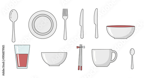 Collection of various tableware and cutlery items illustrated in a simple line art style.