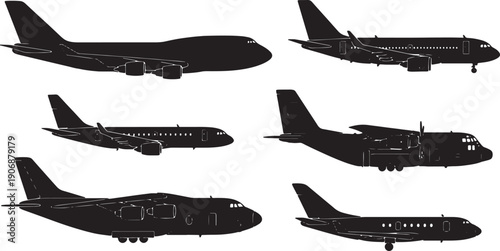 Black Solid Different Types of Commercial Aircraft Silhouettes Set of Six on White Background