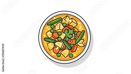 Vibrant, healthful vector illustration of comforting vegetable medley, showcasing fresh potatoes, carrots, green beans, peas, simmering in golden